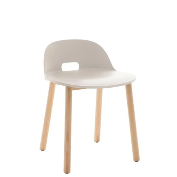 Emeco Alfi-stol, låg rygg, vit sits - naturlig ask